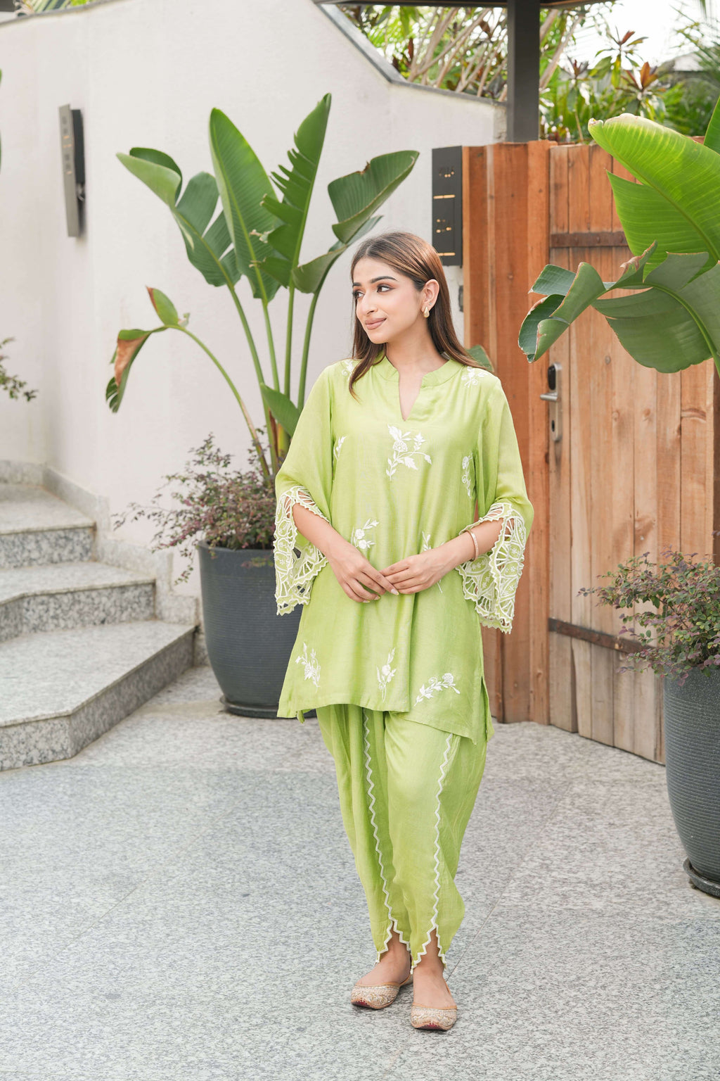 Lime Embroidered Lace Sleeve Suit Set