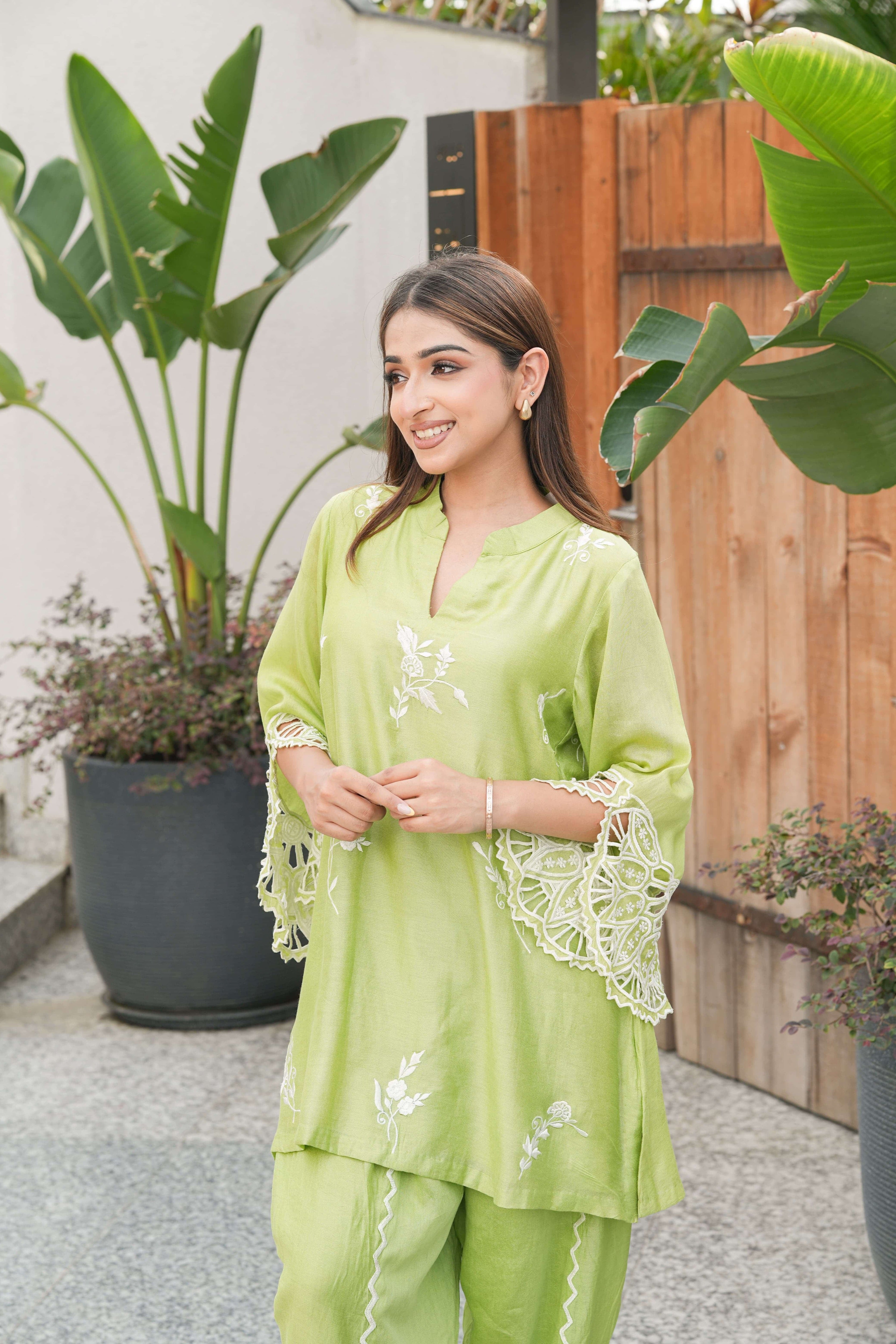 Lime Embroidered Lace Sleeve Suit Set