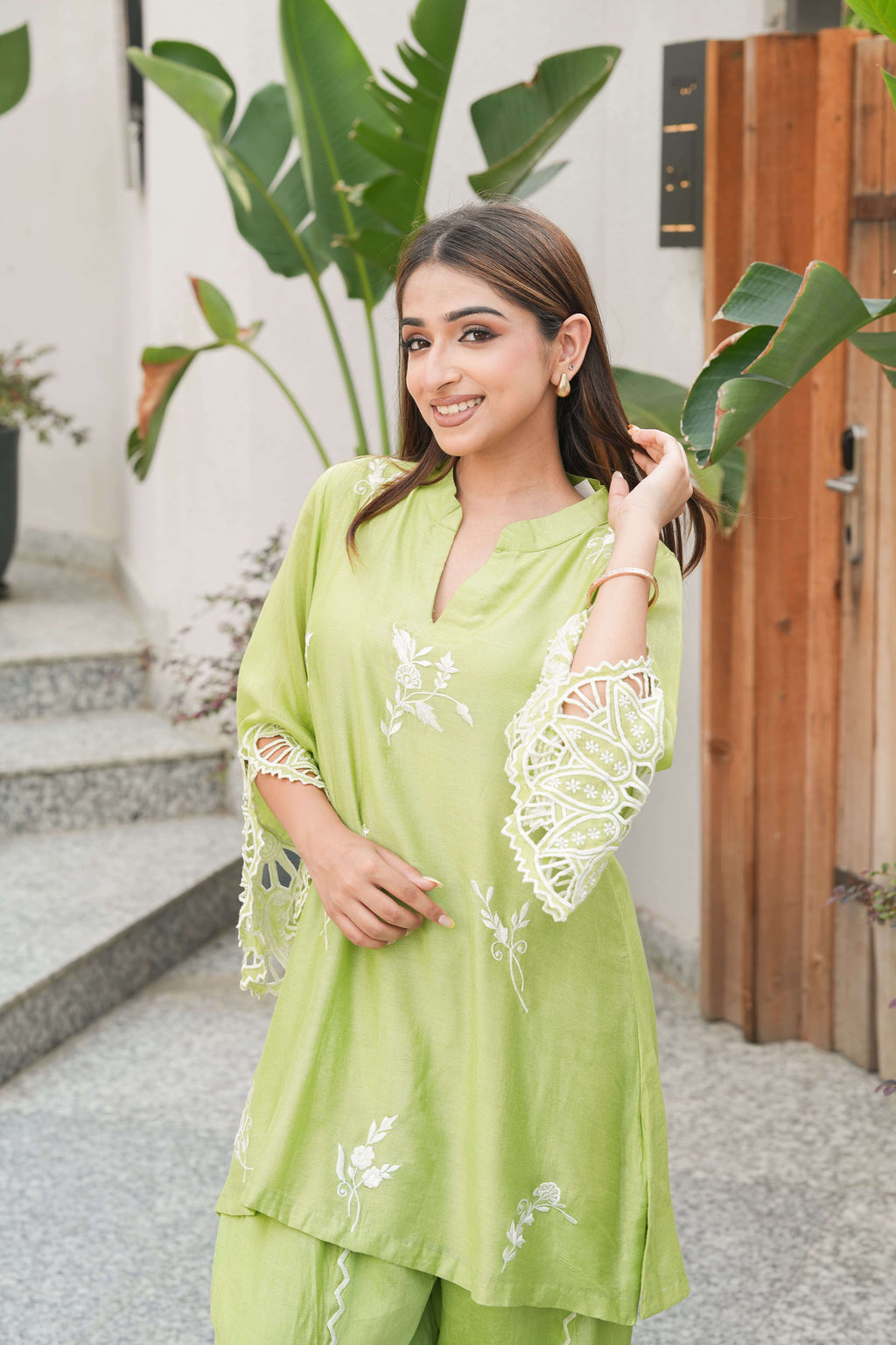 Lime Embroidered Lace Sleeve Suit Set