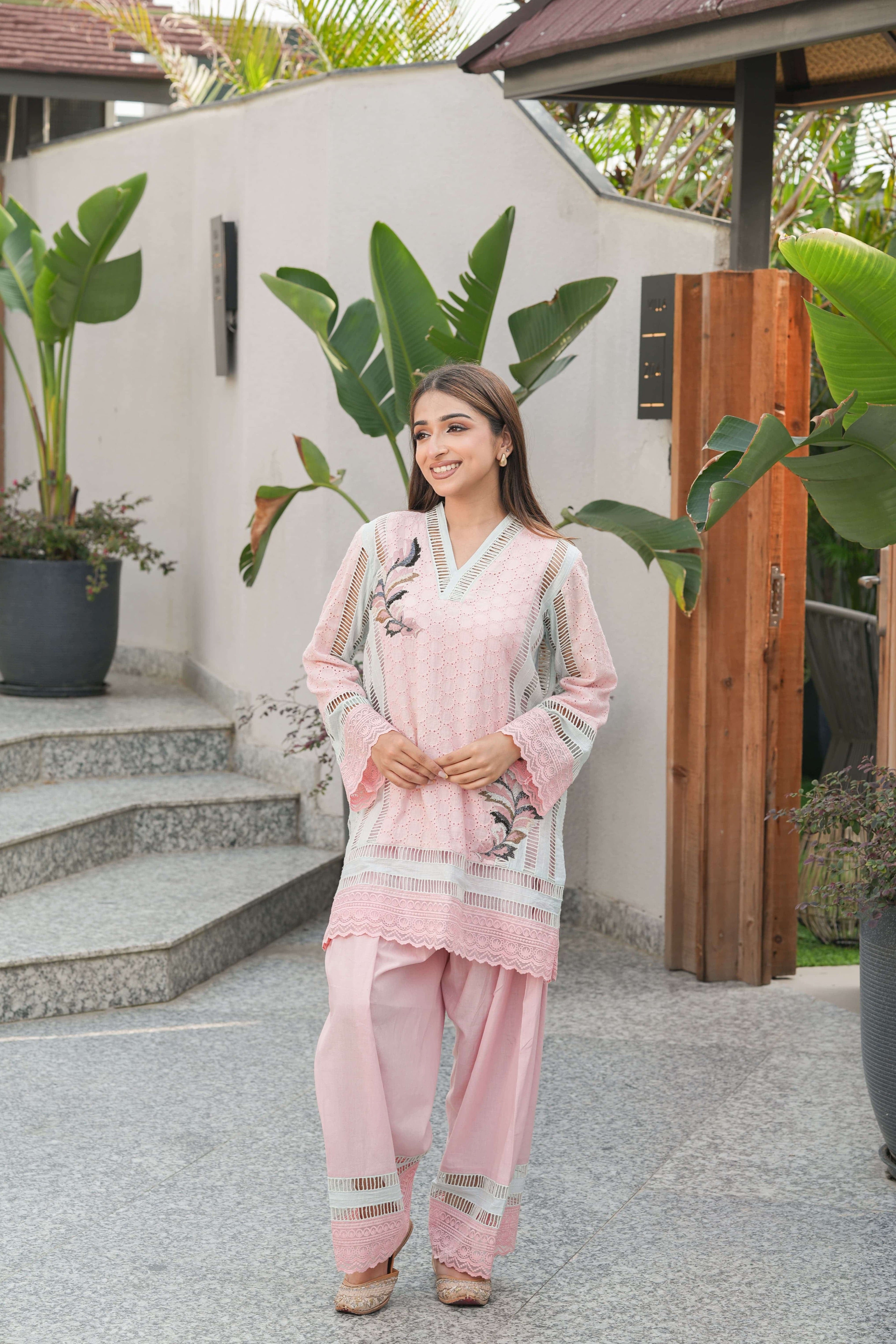 Powder Pink Bird Embroidered Suit Set