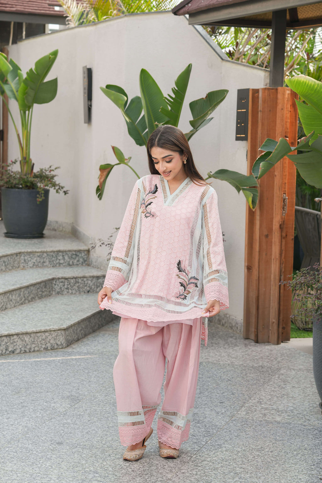 Powder Pink Bird Embroidered Suit Set