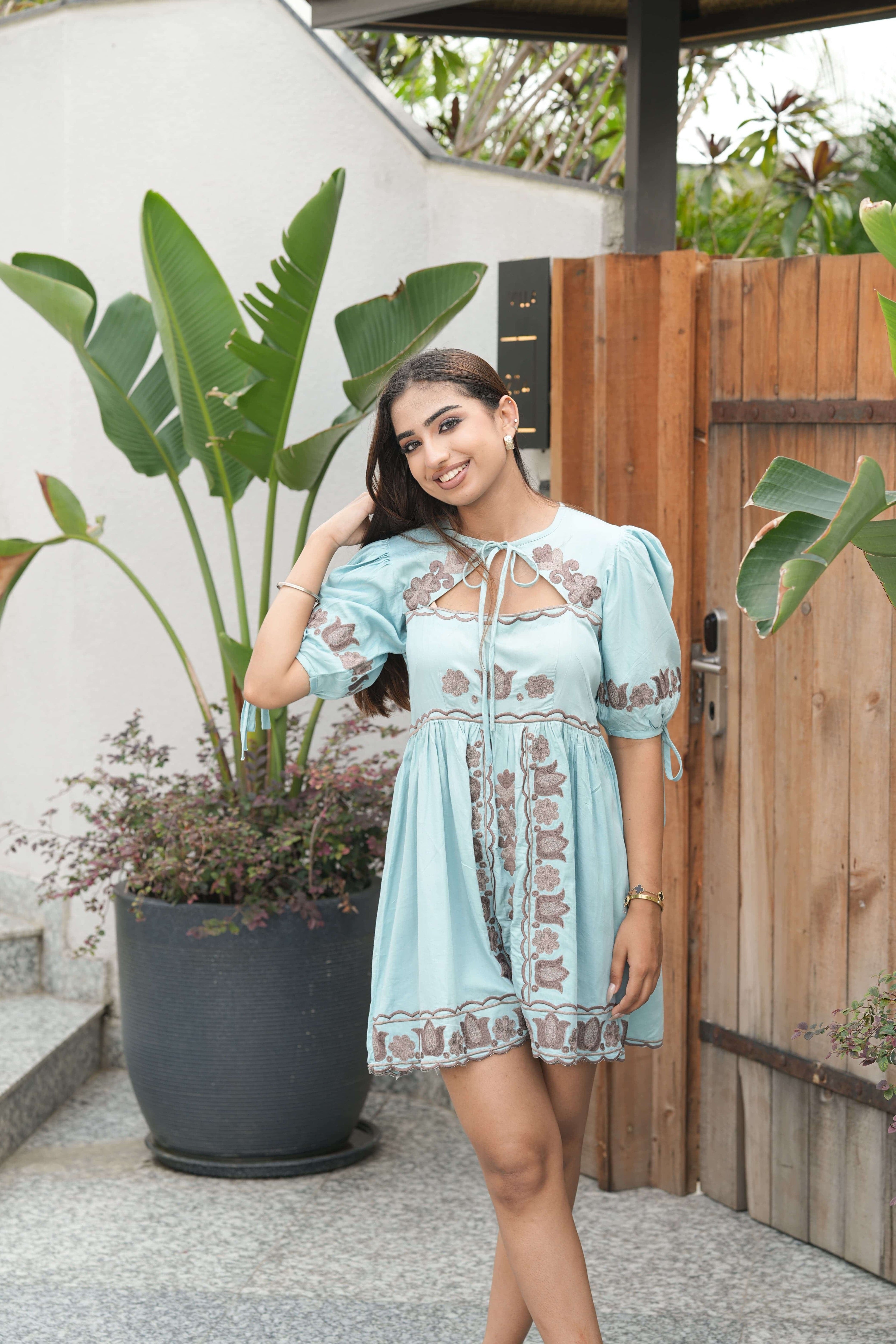 Mint Pastel Panel Puff Mini Dress