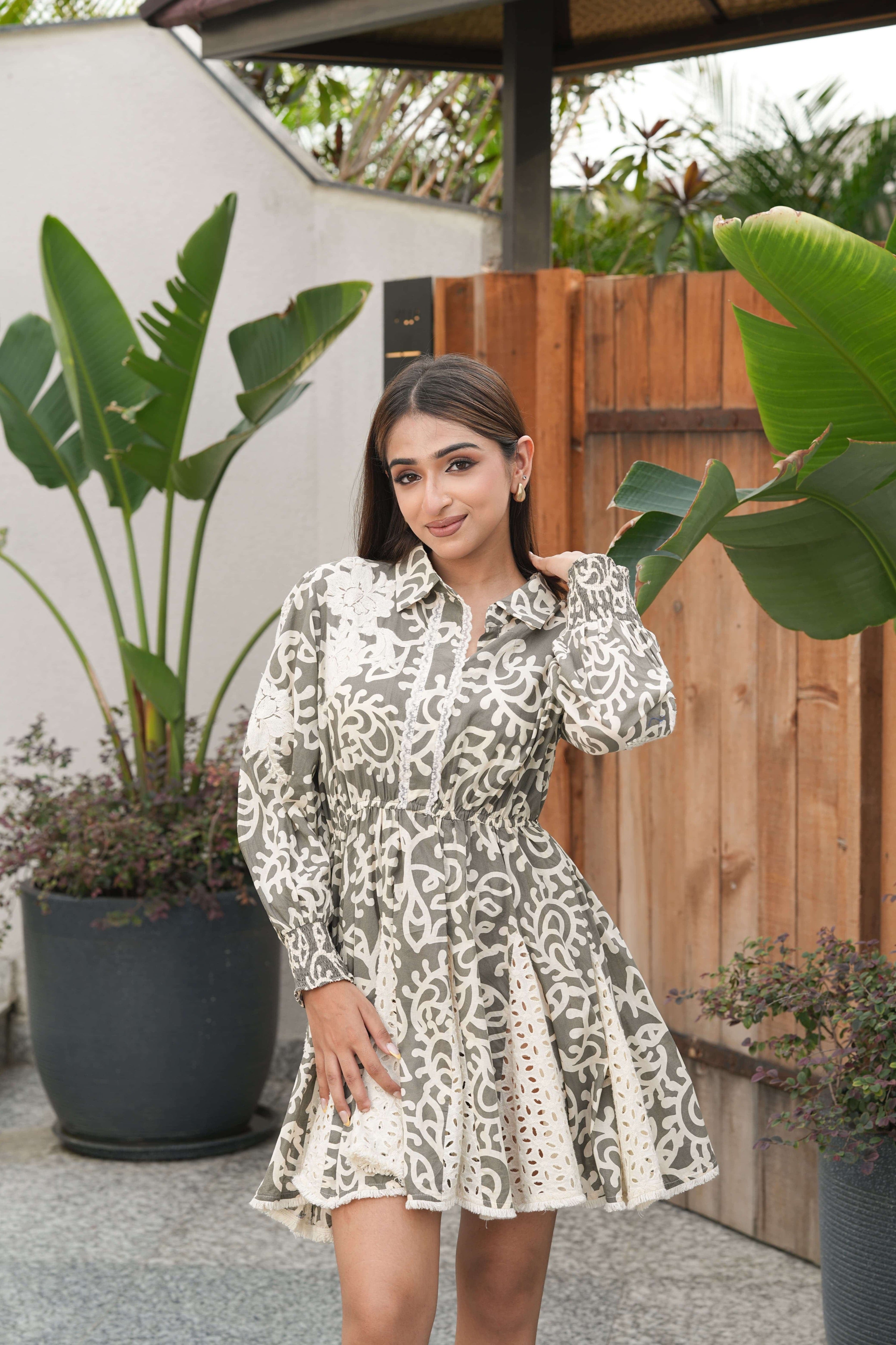 Olive & Ivory Baroque Flared Mini Dress