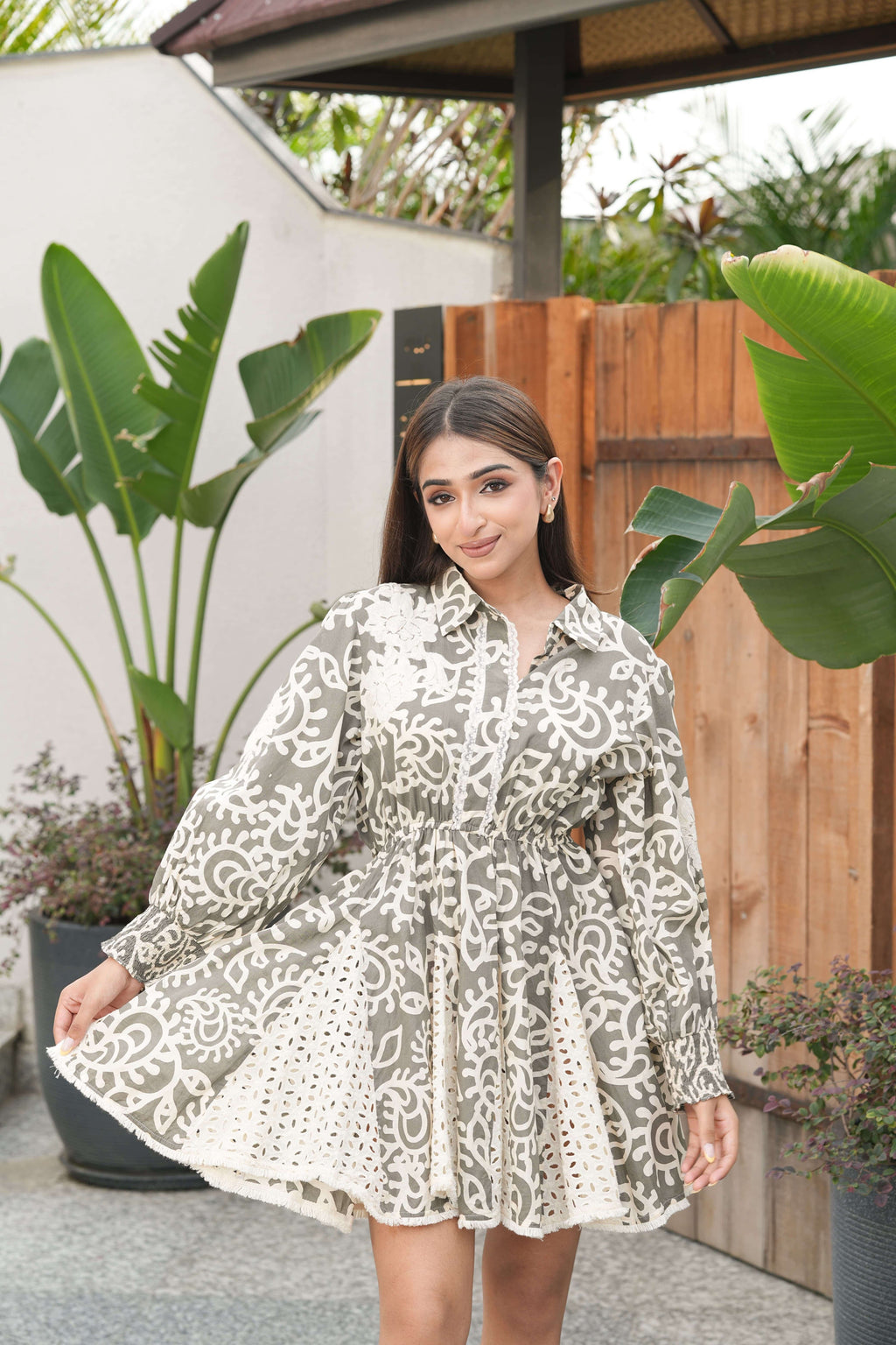 Olive & Ivory Baroque Flared Mini Dress