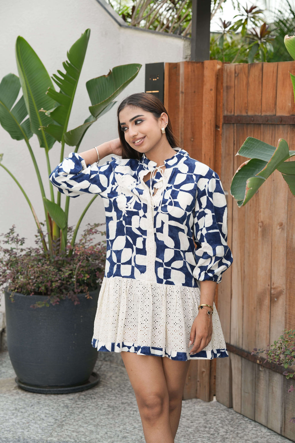 Indigo Ikat Crochet Hem Mini Dress