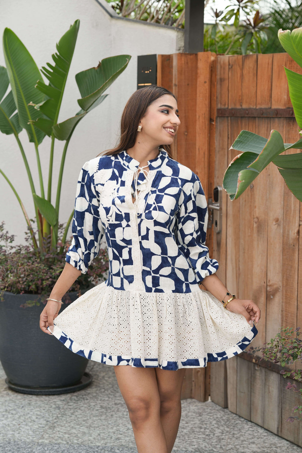 Indigo Ikat Crochet Hem Mini Dress