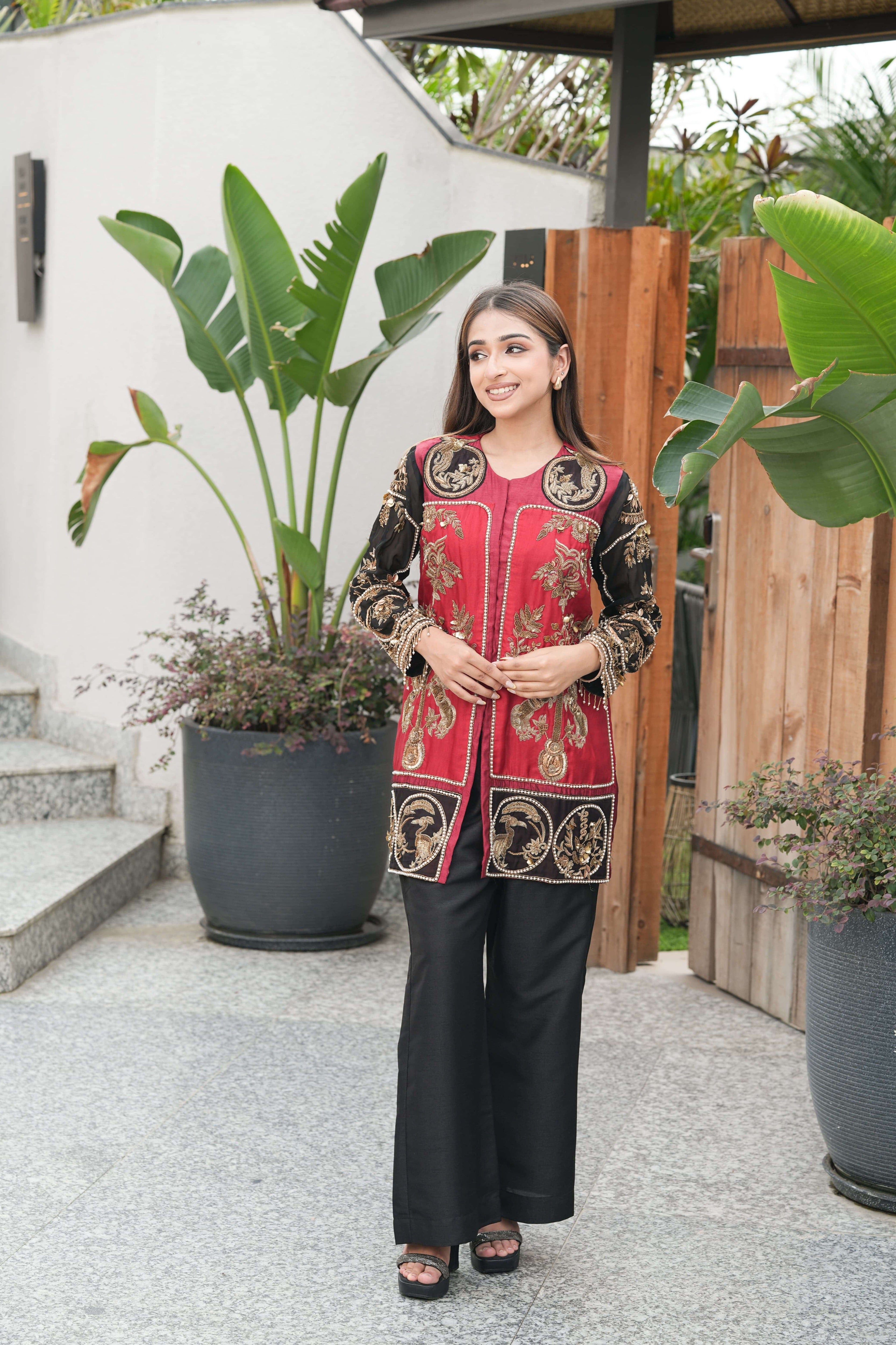 Heritage Maroon Embroidered Jacket Kurta Set