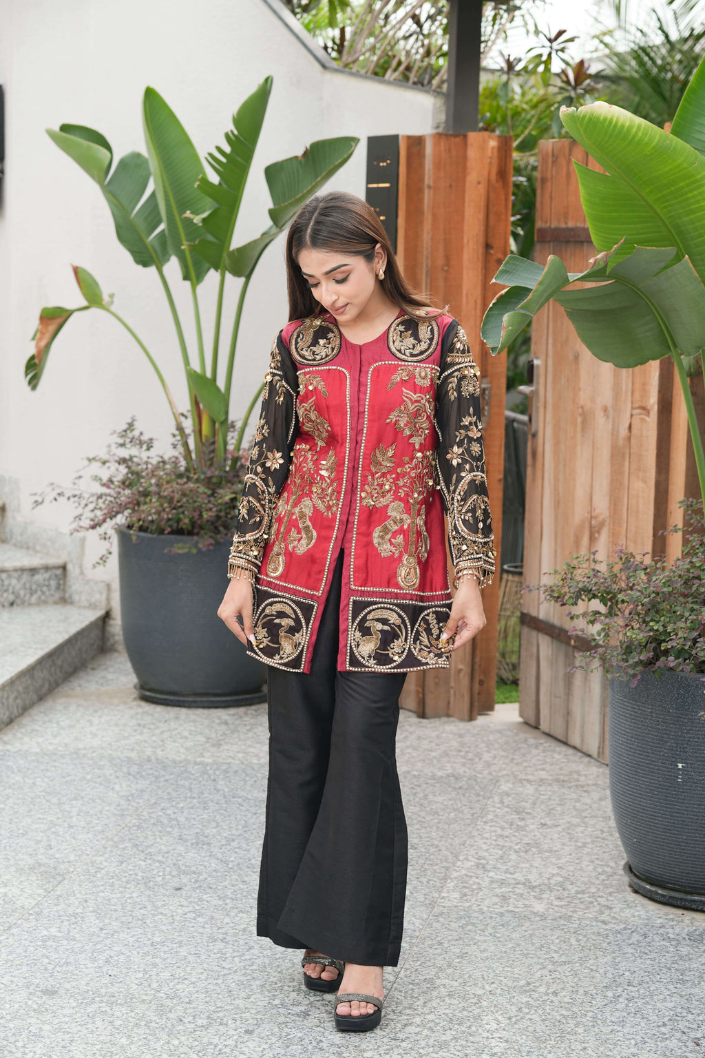 Heritage Maroon Embroidered Jacket Kurta Set