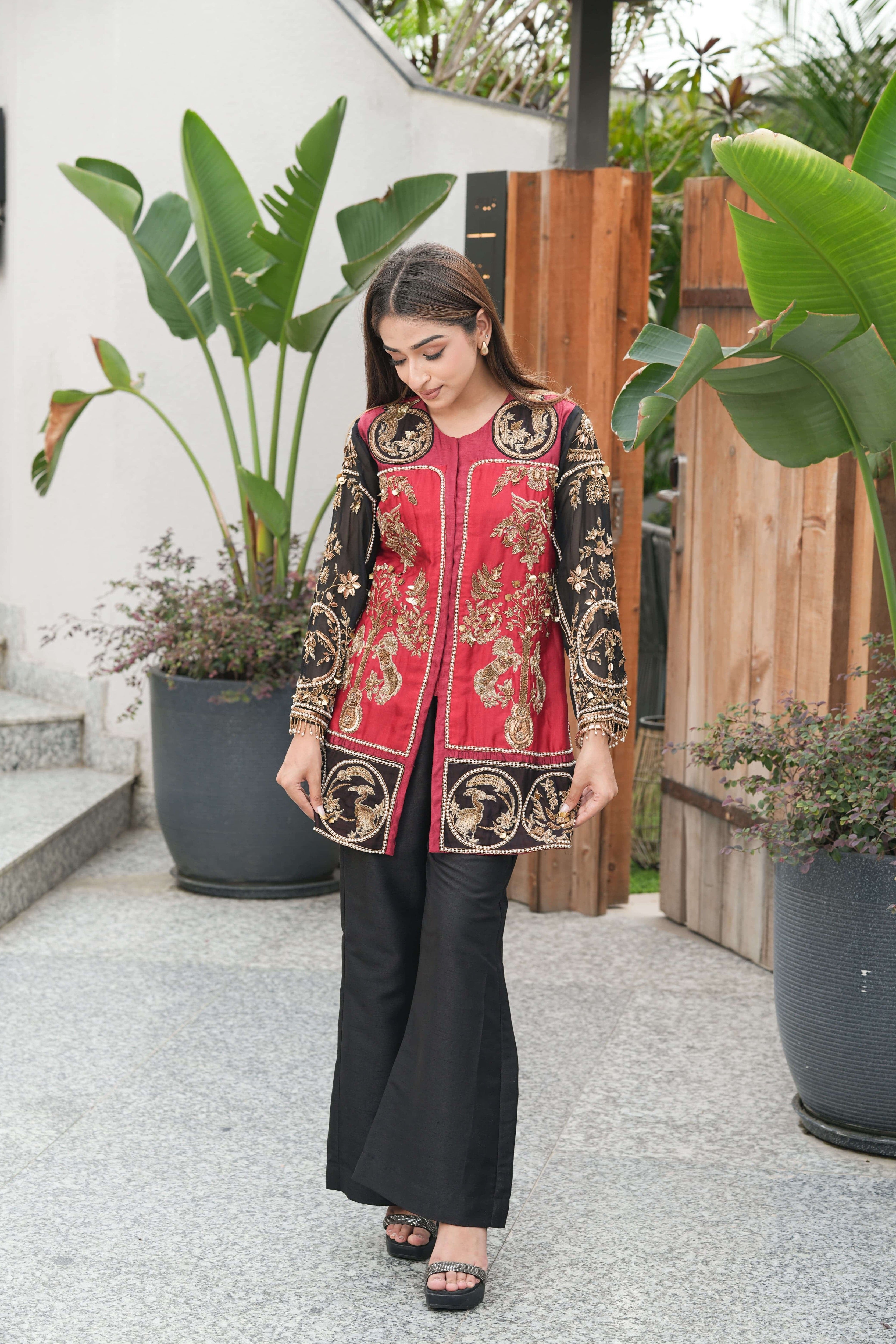 Heritage Maroon Embroidered Jacket Kurta Set