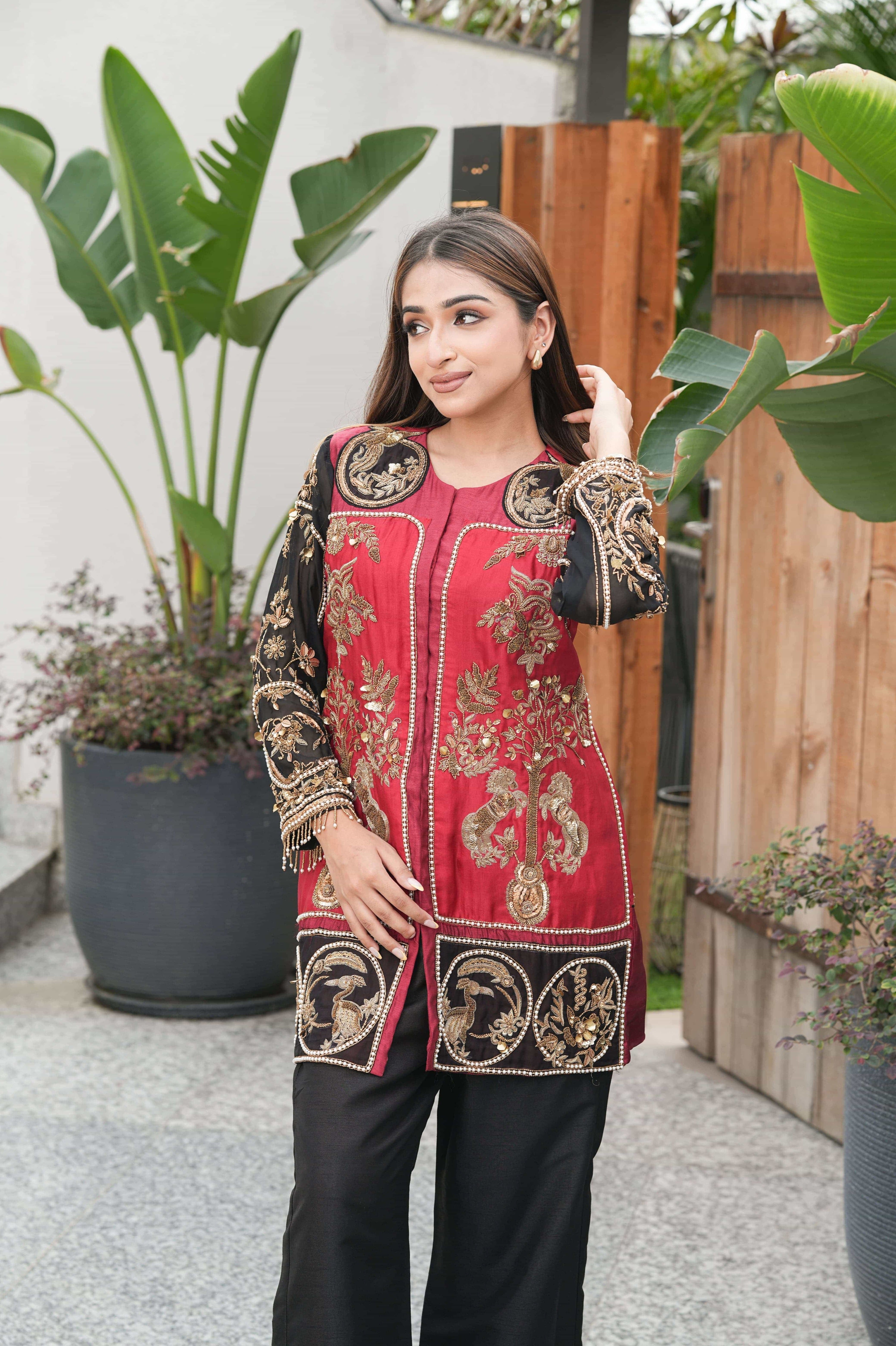 Heritage Maroon Embroidered Jacket Kurta Set
