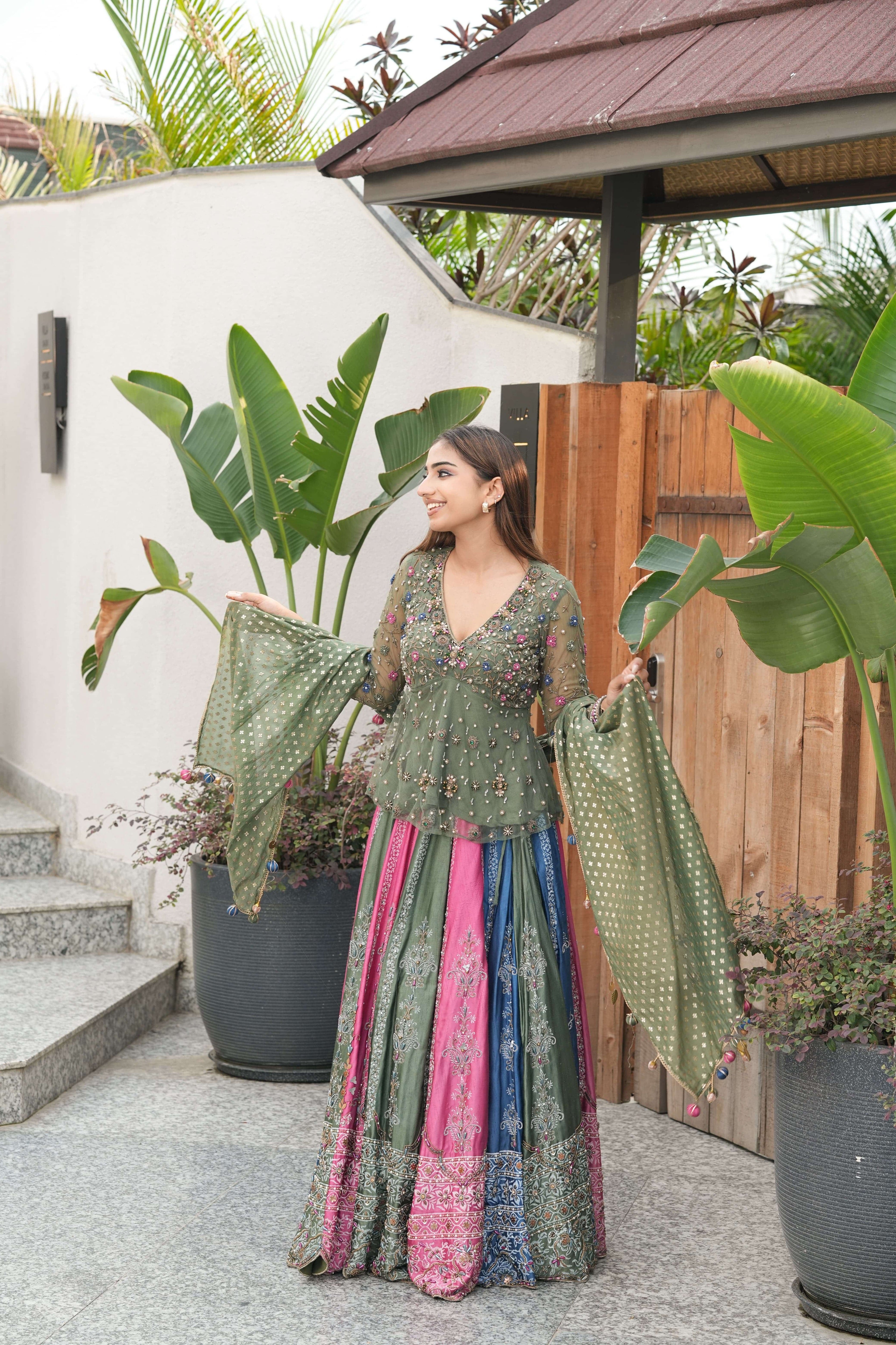 Olive & Pink Mirror Embroidered Lehenga Set