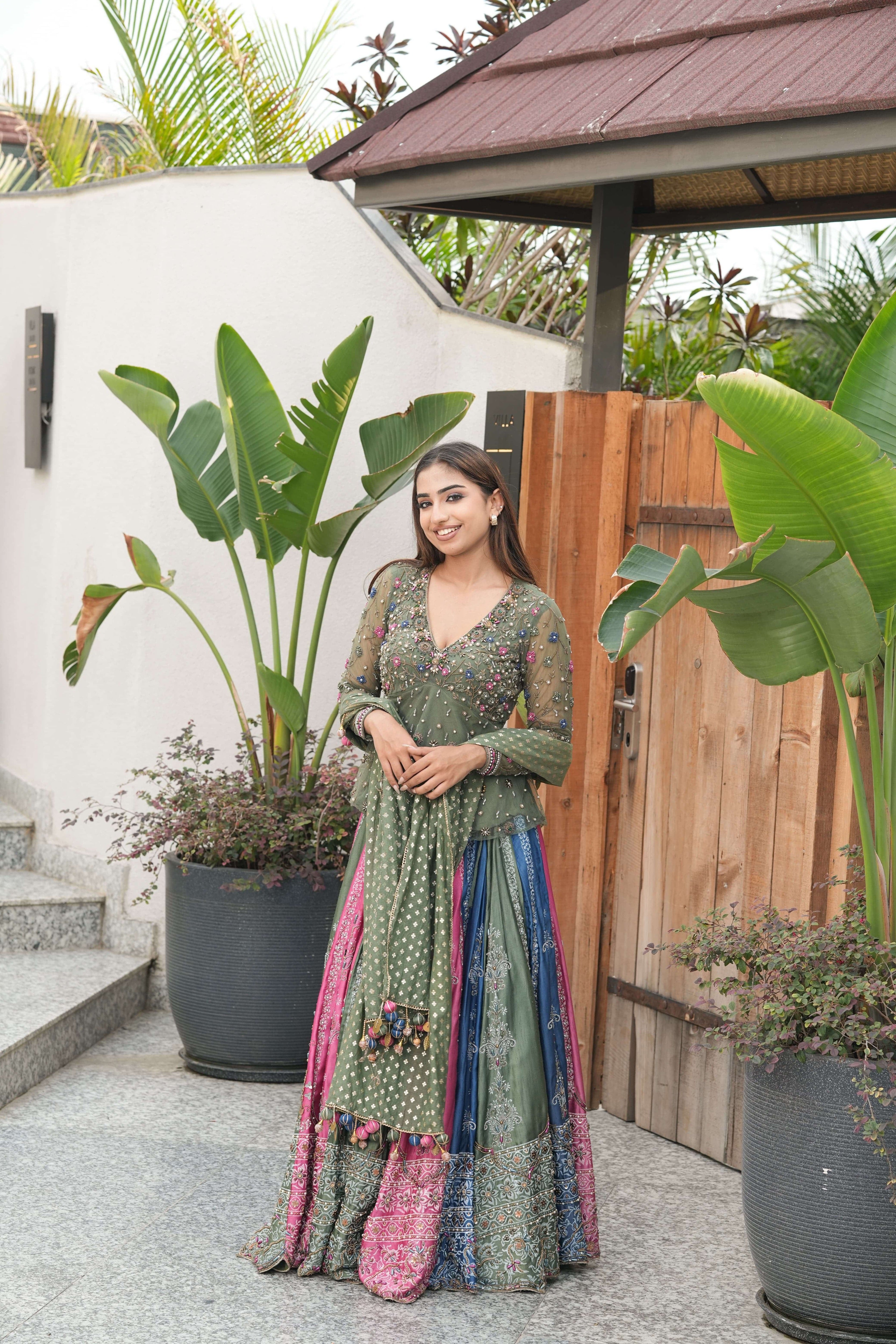 Olive & Pink Mirror Embroidered Lehenga Set