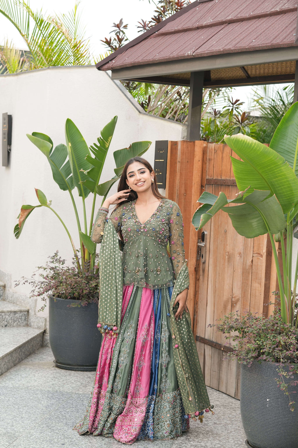 Olive & Pink Mirror Embroidered Lehenga Set