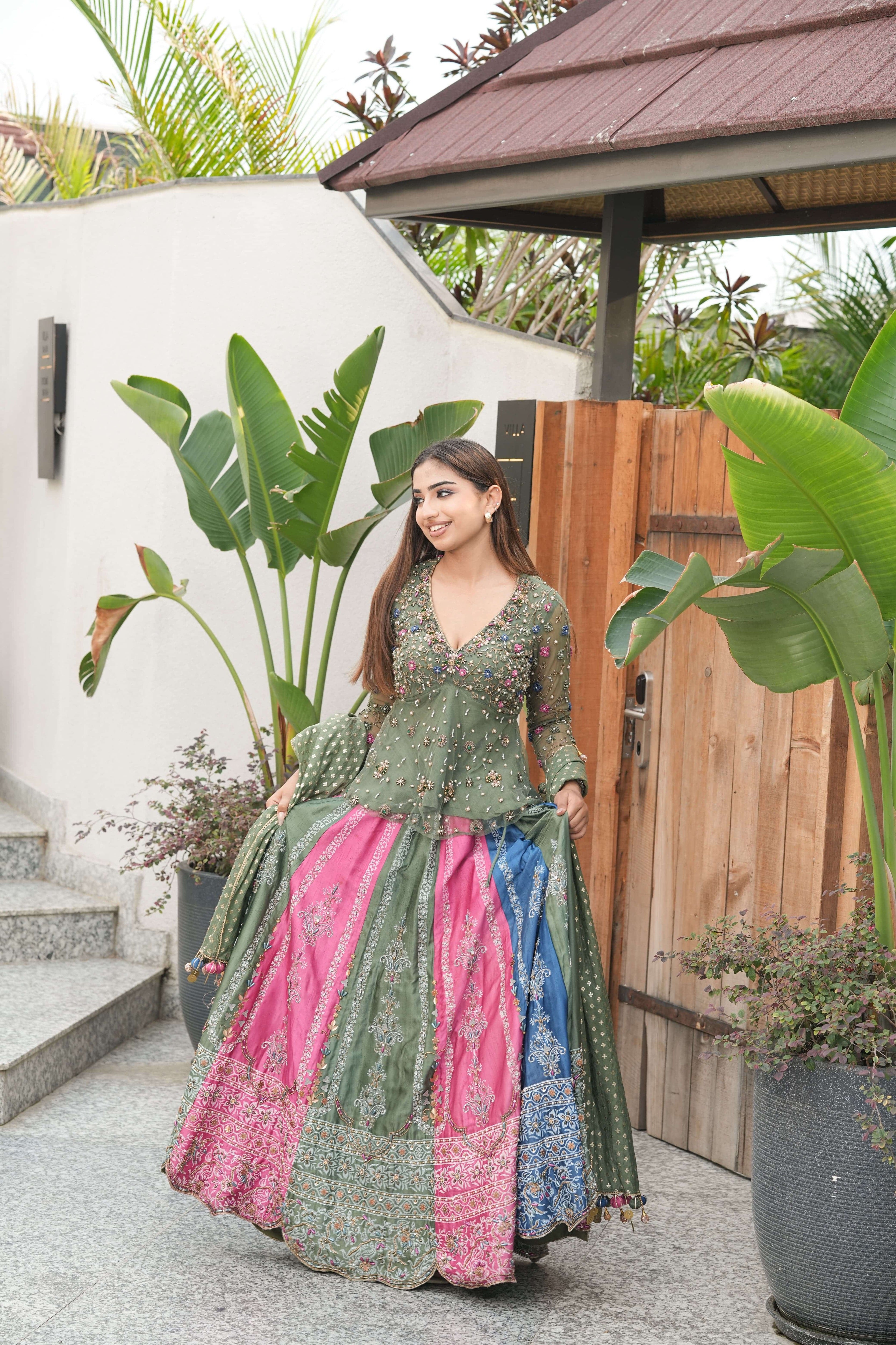 Olive & Pink Mirror Embroidered Lehenga Set