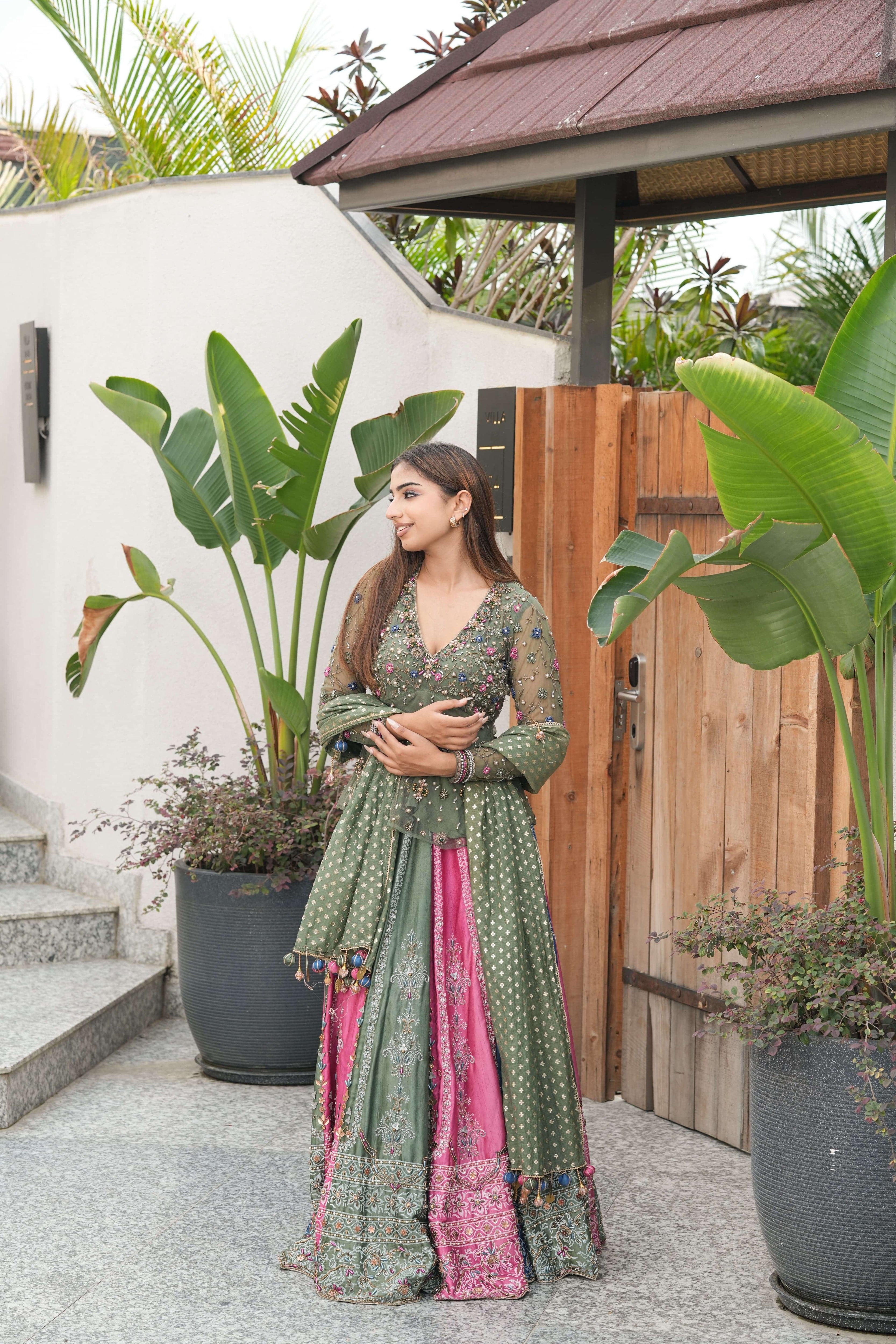 Olive & Pink Mirror Embroidered Lehenga Set