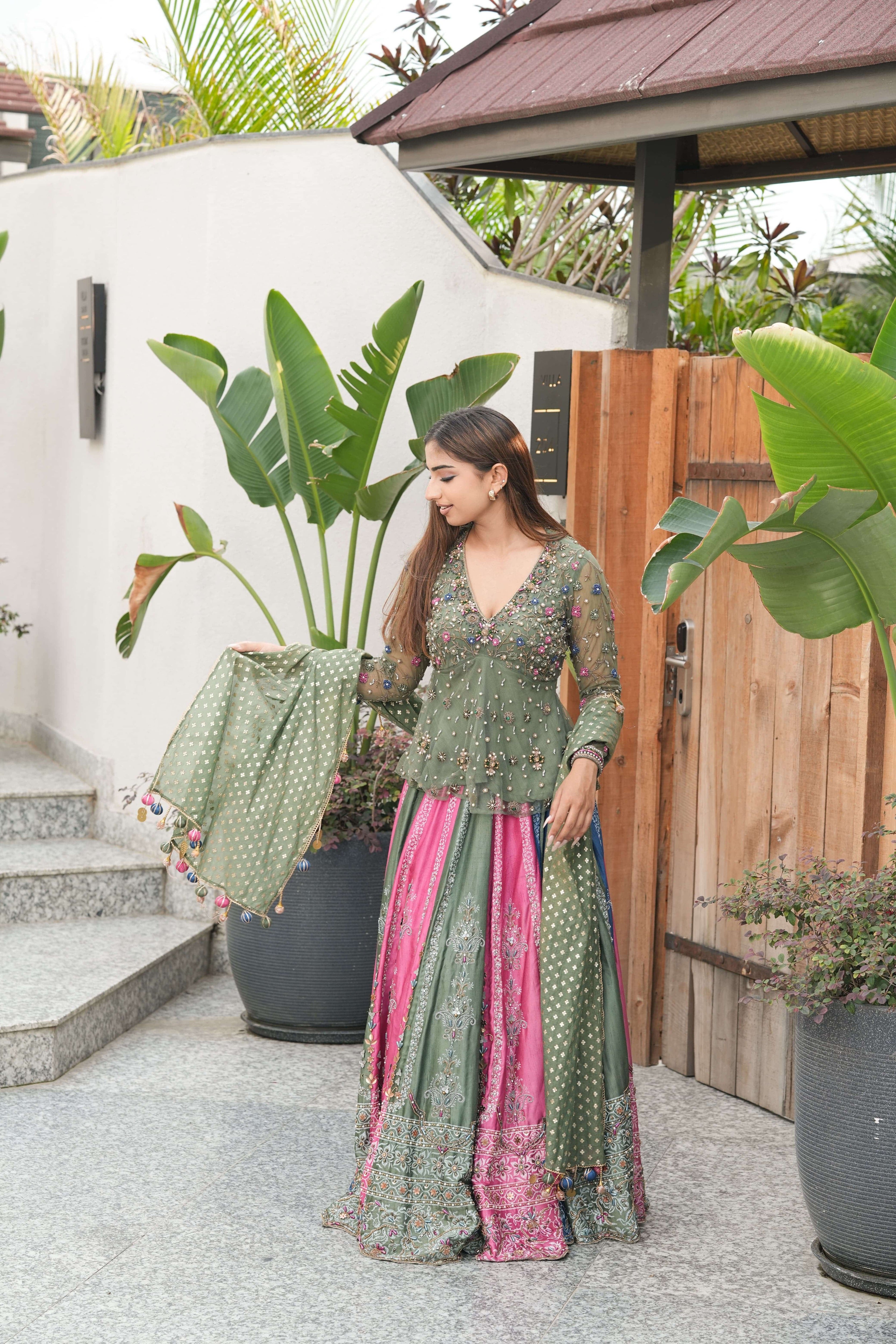 Olive & Pink Mirror Embroidered Lehenga Set