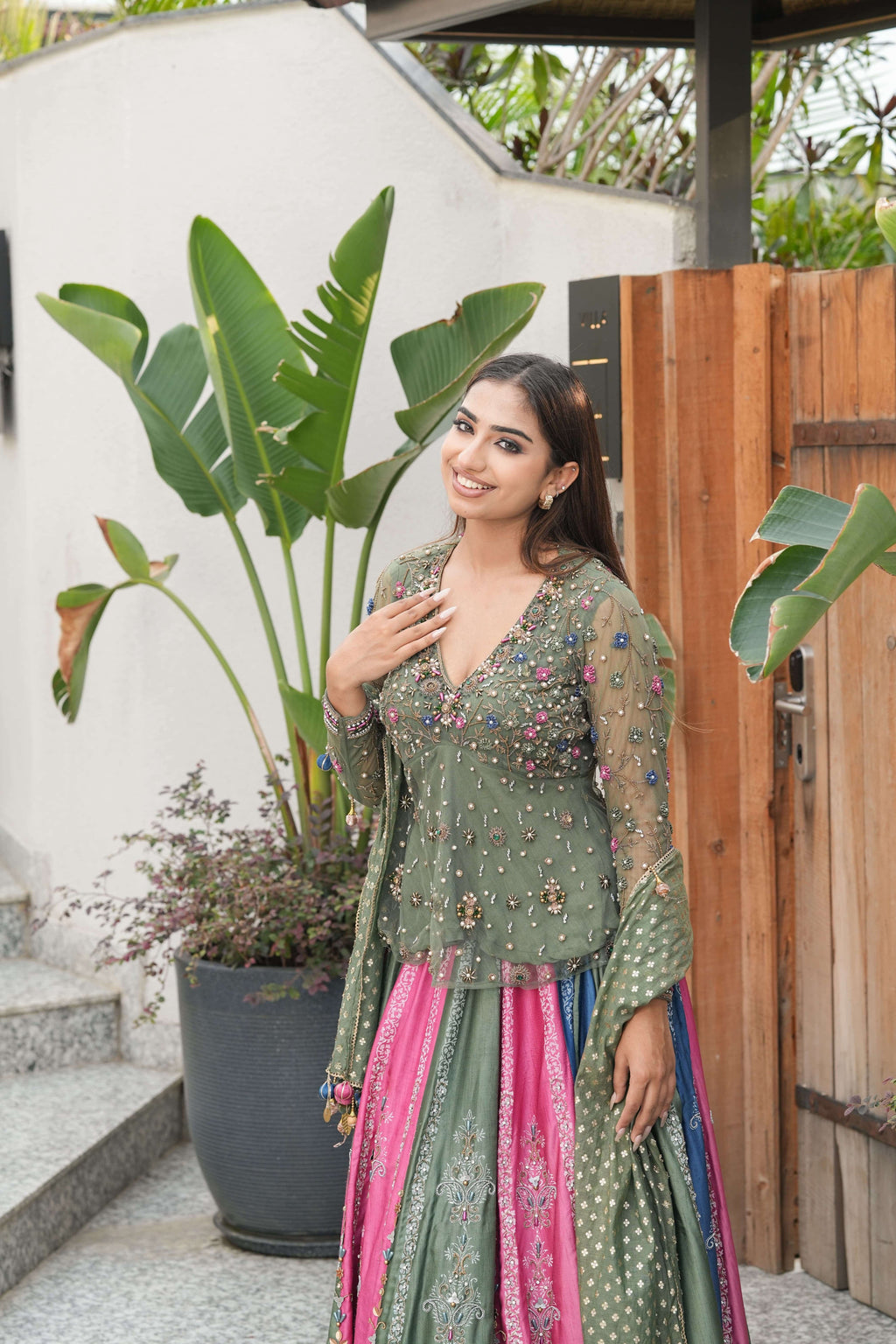Olive & Pink Mirror Embroidered Lehenga Set