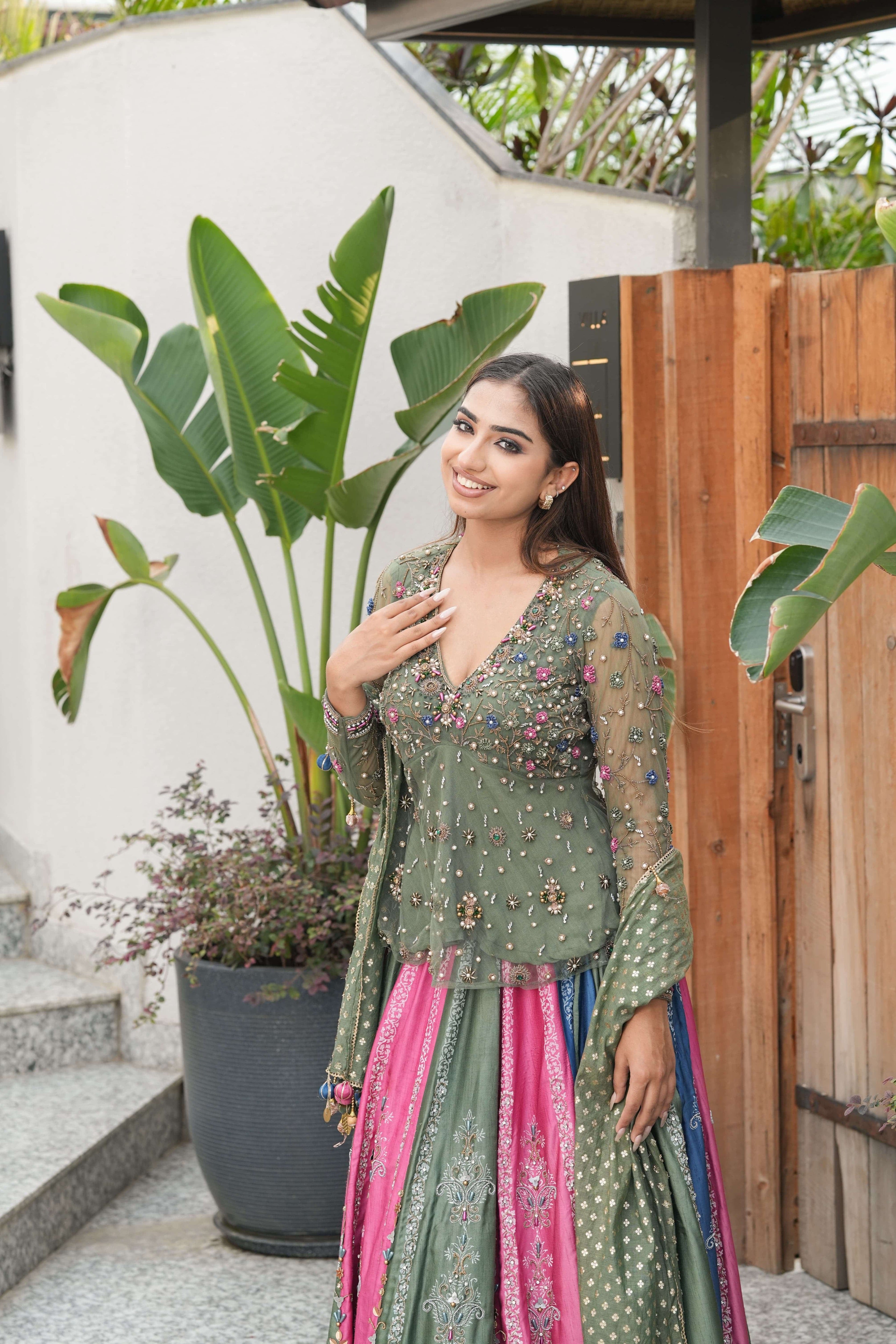 Olive & Pink Mirror Embroidered Lehenga Set