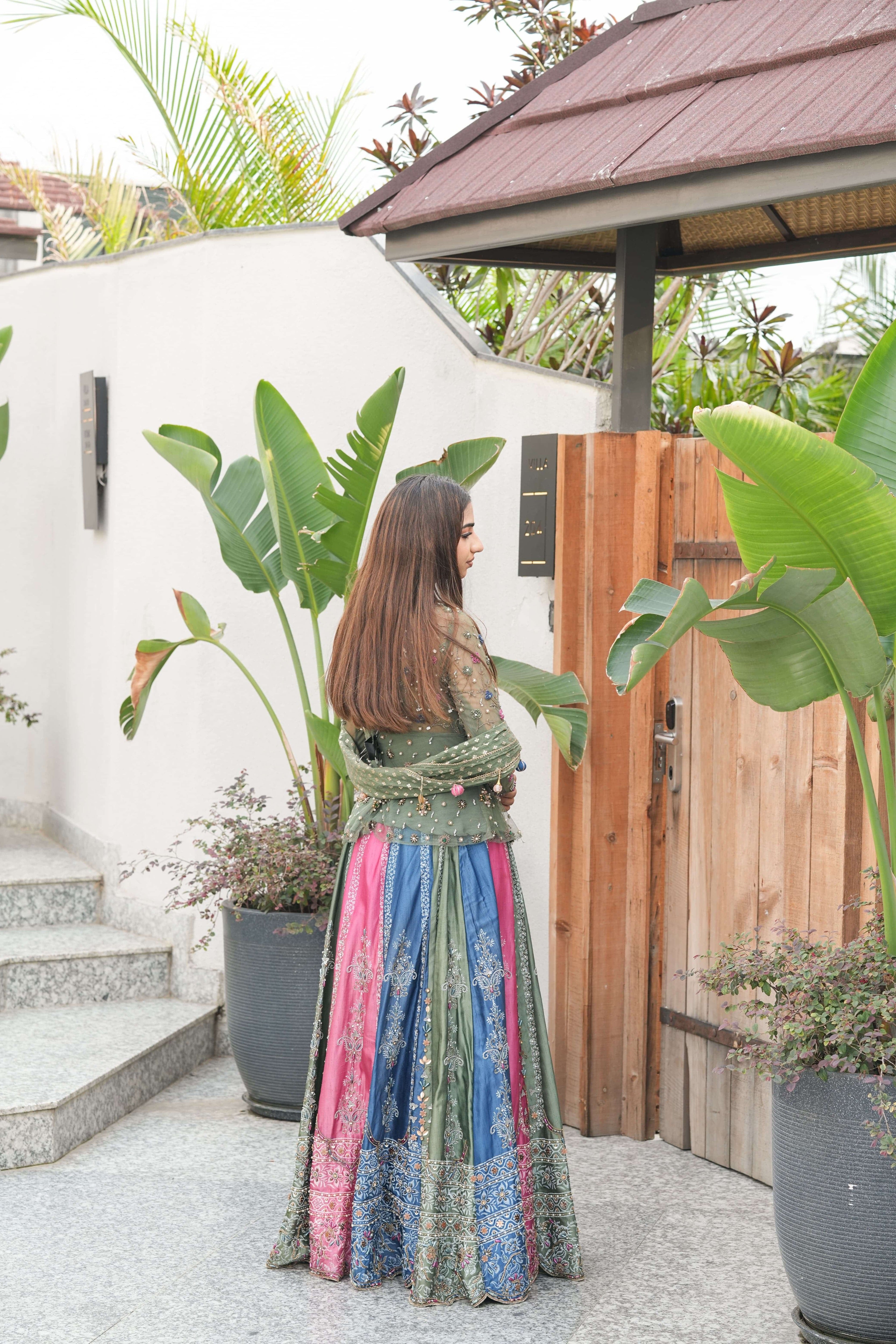 Olive & Pink Mirror Embroidered Lehenga Set