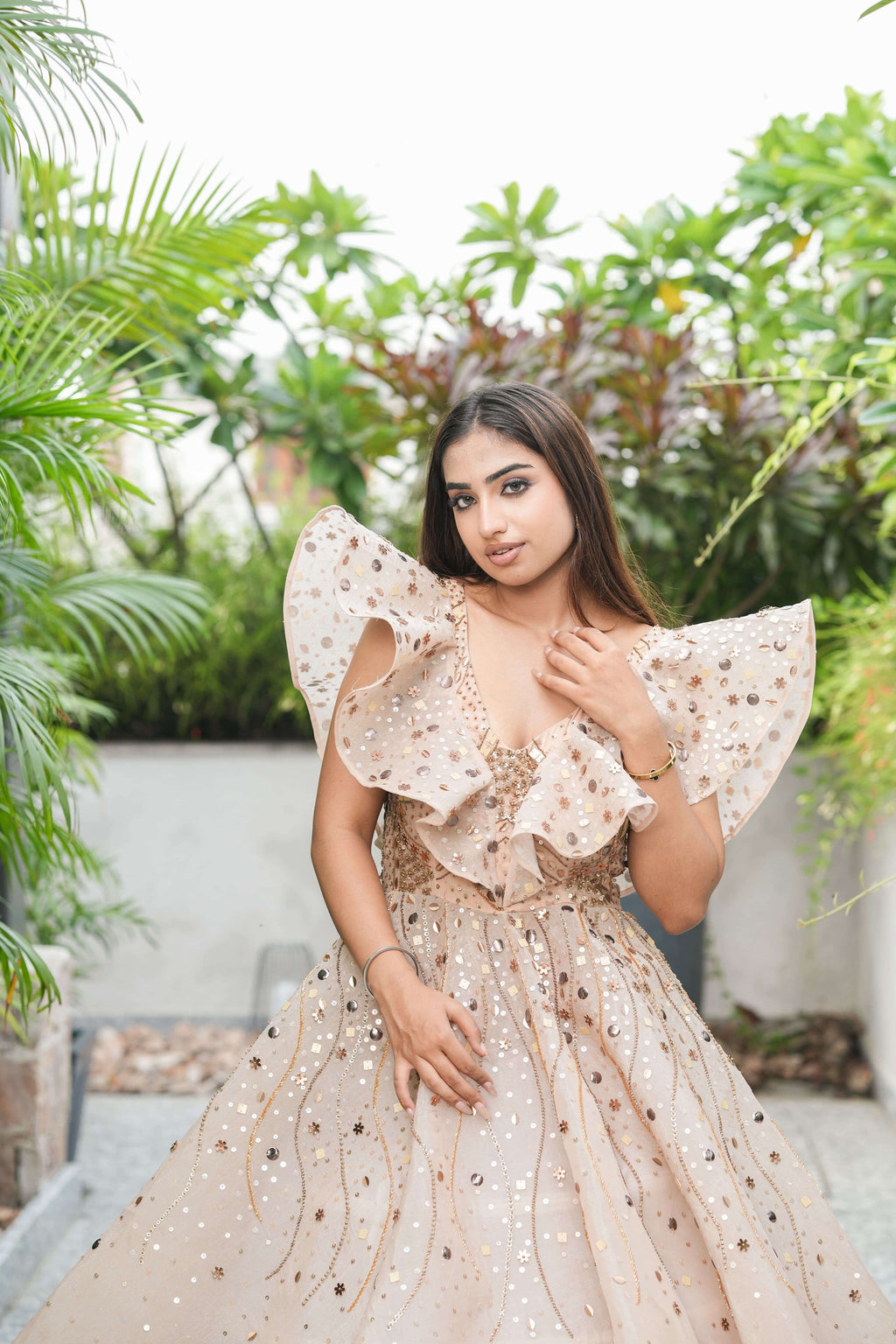 Rose Gold Sequin Ruffle Gown